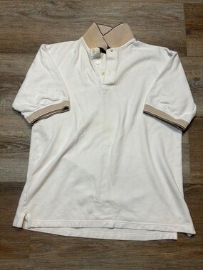 Men's White Polo with Tan Contrast Collar and Sleeve Trim